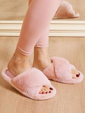 Snug Leaves Women's Fluffy Open Toe Slippers Cross Band Indoor Outdoor